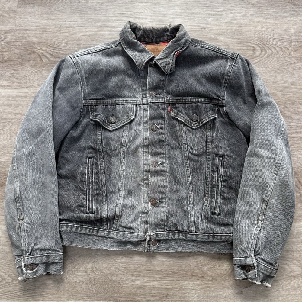 VTG 80s Levis 70411 Black Denim Trucker Jacket Mens M Blanket Lined Distress USA